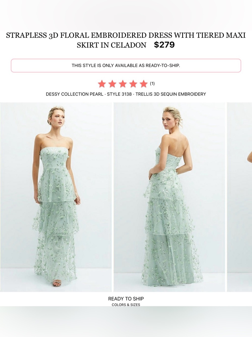 Dessy Collection Strapless Dress in Celadon Green with 3D Floral Appliqués
